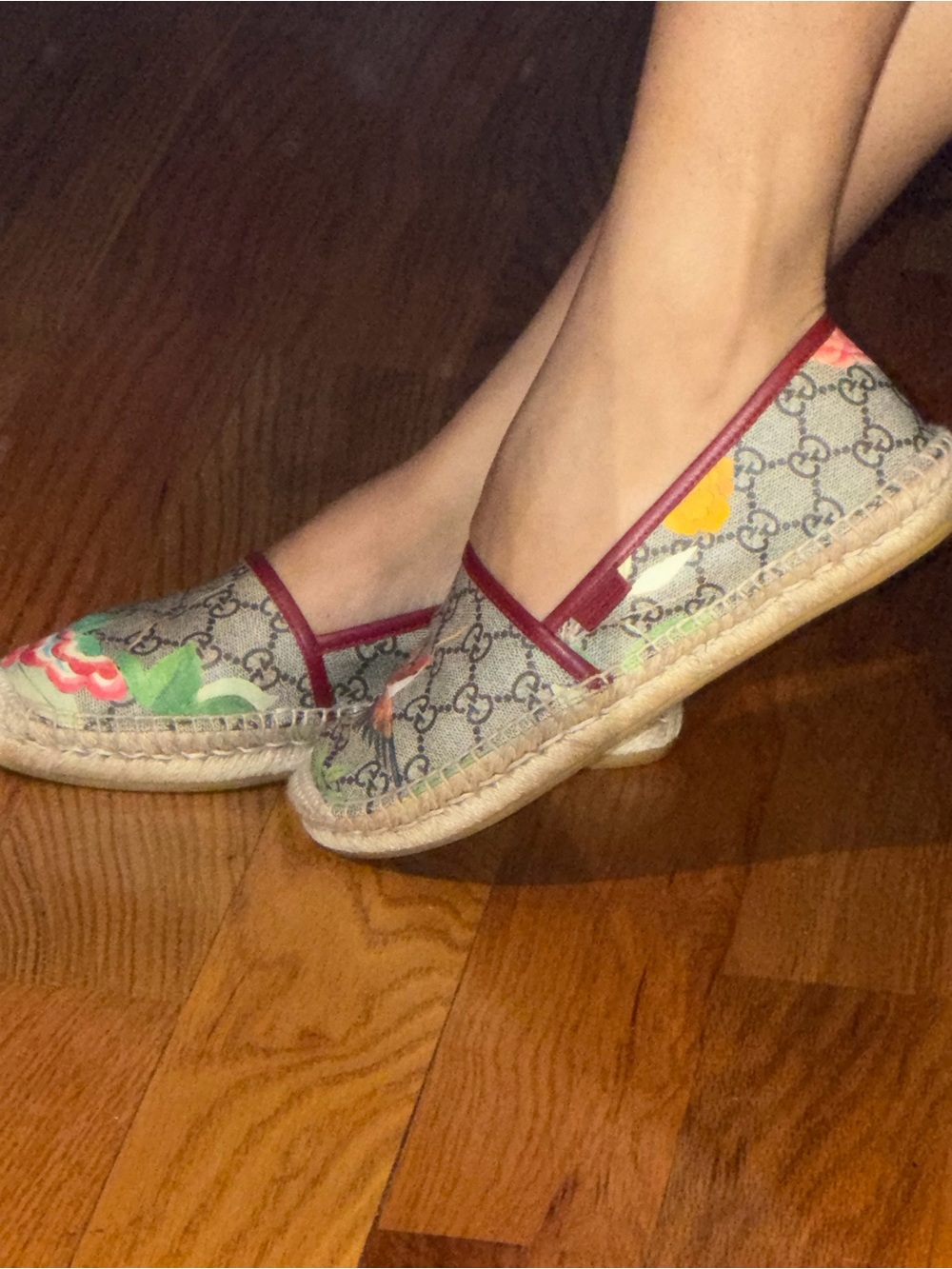 Gucci Beige Monogram Floral Espadrilles with Burgundy Trim